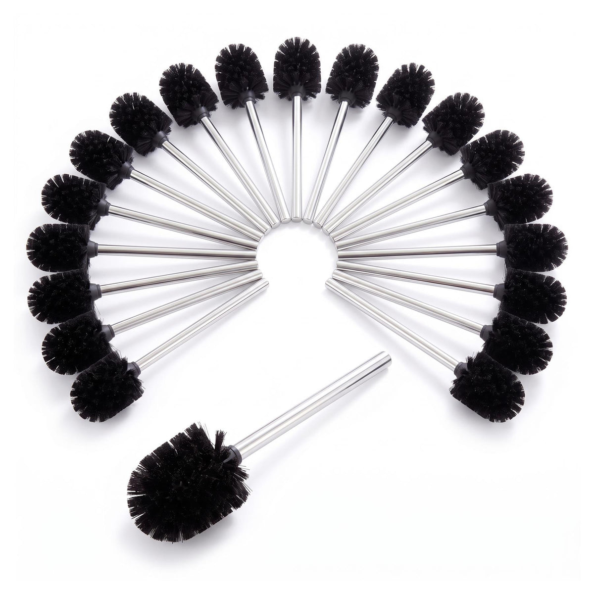 A set of 20 GEEZY stainless steel toilet brushes with black bristles arranged in a semi-circle on a white background