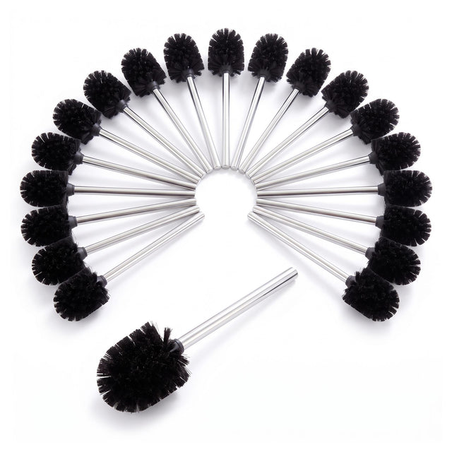 A set of 20 GEEZY stainless steel toilet brushes with black bristles arranged in a semi-circle on a white background