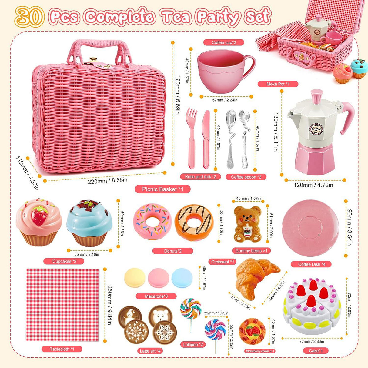 The Magic Toy Shop Kids Tea Party Set Picnic Basket with Handles