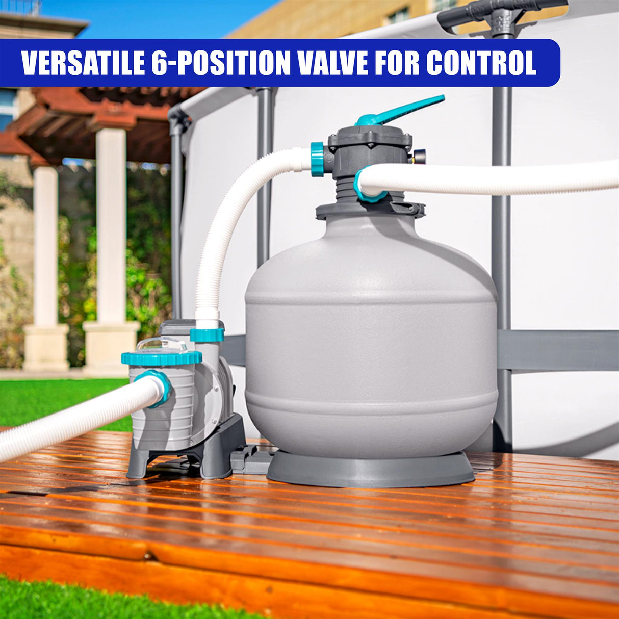 The filter system consists of a large gray tank connected to plumbing and valves.