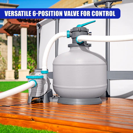 The filter system consists of a large gray tank connected to plumbing and valves.