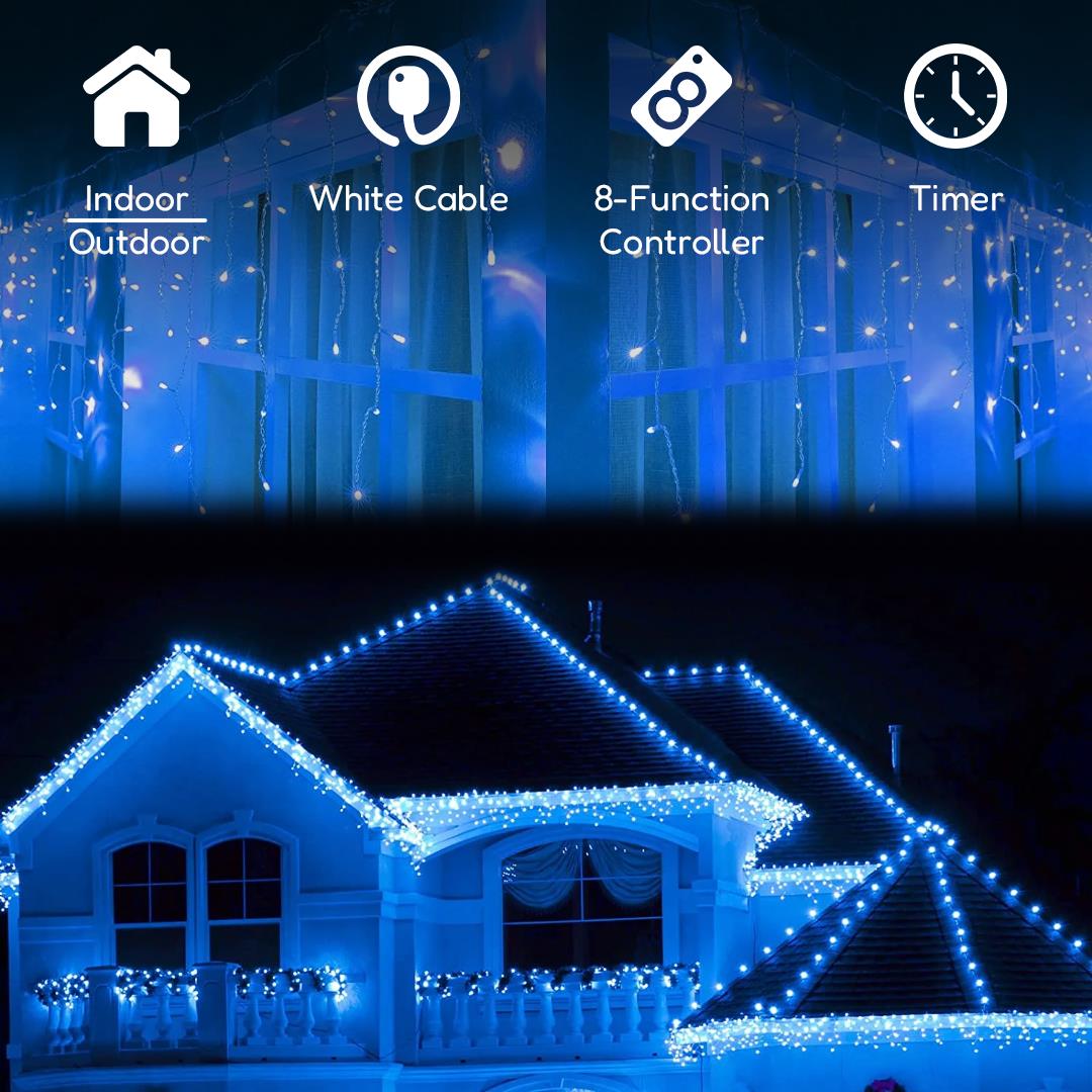 Geezy 200 Christmas blue & white led icicle lights on a house.