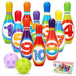 The image displays a plastic bowling set with numbered pins and colored balls.