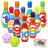 The image displays a plastic bowling set with numbered pins and colored balls.