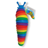 A colorful toy slug with a blue head and a segmented body of stacked rainbow-colored plastic rings.