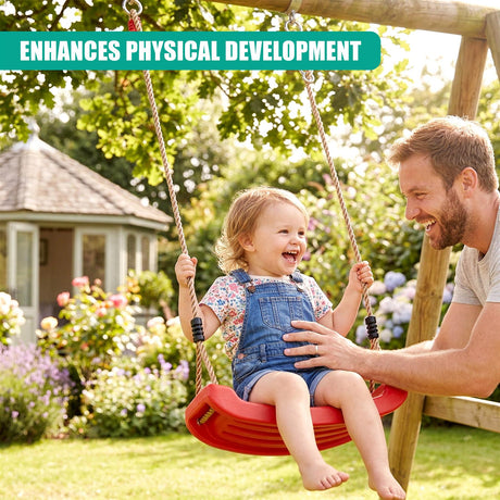 Family swinging on a red garden swing set surrounded by flowers and greenery.
