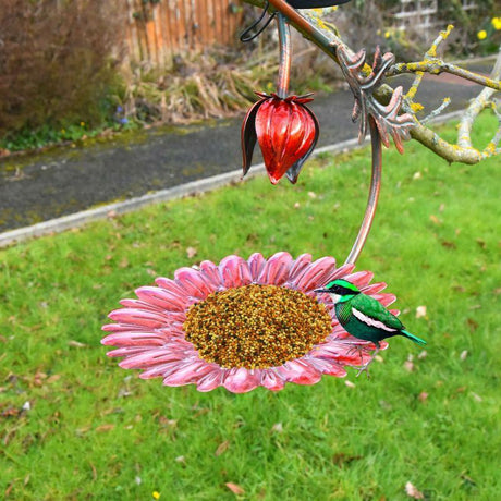 Solar LED Light Red Hanging Metal Bird Feeder by Geezy - UKBuyZone