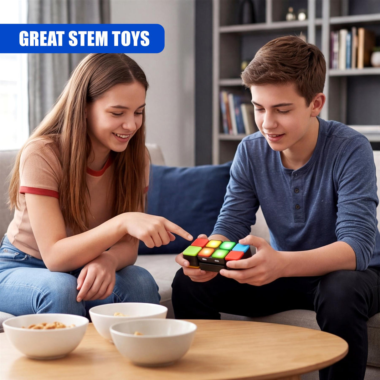 Two people focus on playing a colorful, geometric cube game on a wooden table.