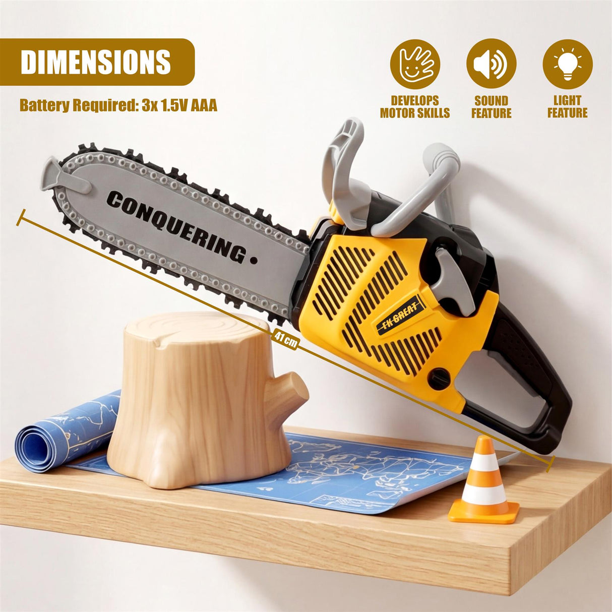 Yellow and black toy chainsaw displayed on wood next to a wooden log, blueprint, and orange cone.