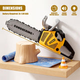 Yellow and black toy chainsaw displayed on wood next to a wooden log, blueprint, and orange cone.