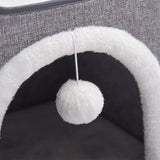 "Cozy cat house, soft grey fabric with a circular design and plush toy. Perfect for pets seeking warmth and security." - UKBuyZone