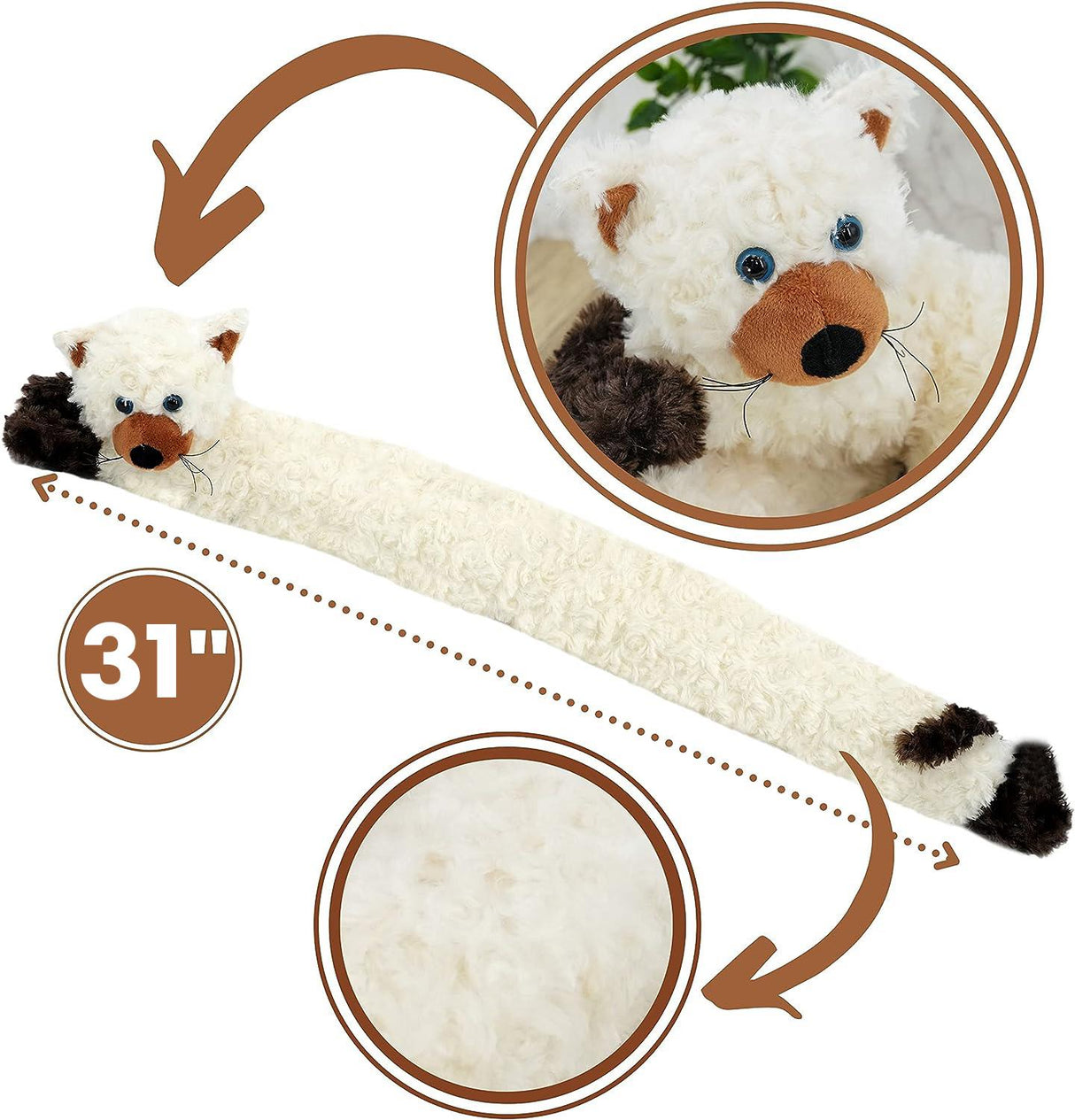 Cream cat draught excluder designed to fit under doors, measuring 31 inches in length. The product features a plush cat head with blue eyes and a brown snout, complemented by soft, fluffy material for added comfort. The body is a long, white, wavy texture resembling fur, with brown accents on the paws. 