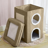 Foldable pet bed with two compartments and a cat tree, in a soft brown color, on a white background. - UKBuyZone