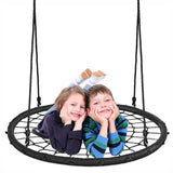 Two children on a black nest swing with attached ropes.