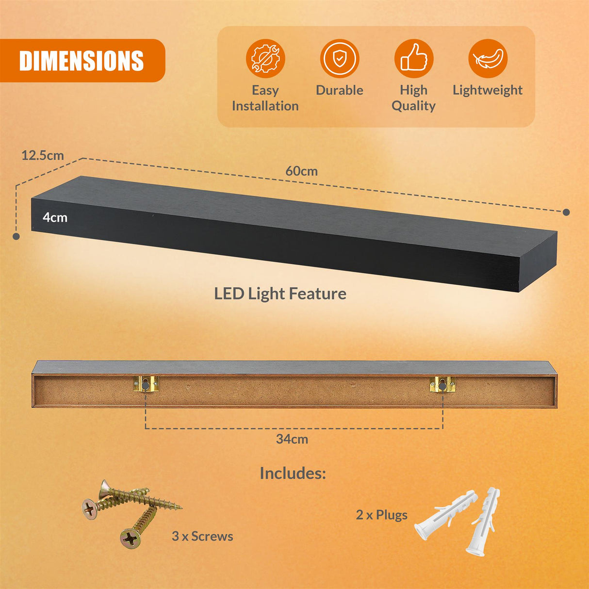Black Floating Wooden Wall Shelf with LED Lights - 60cm