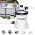 Bestway pool filter pump, hoses, filter media, fittings, and white polysphere filter balls displayed.