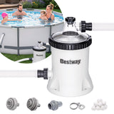 Bestway pool filter pump, hoses, filter media, fittings, and white polysphere filter balls displayed.