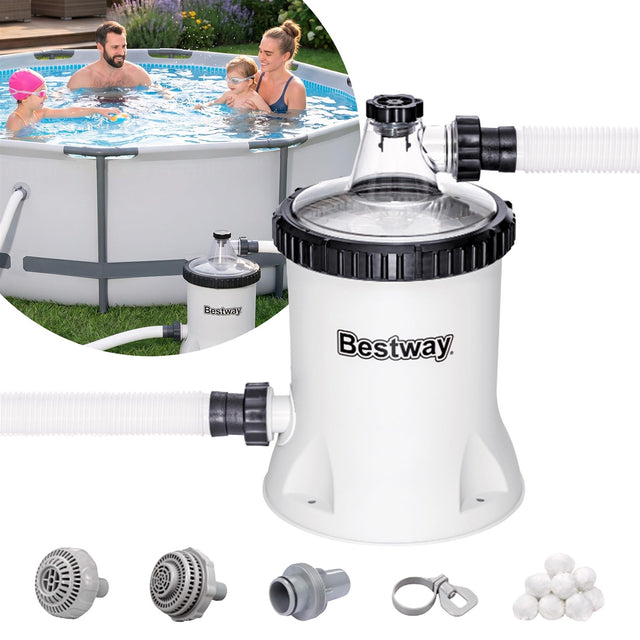 Bestway pool filter pump, hoses, filter media, fittings, and white polysphere filter balls displayed.
