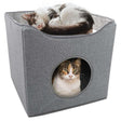 Gray foldable cat house with two cats inside and circular cut-out window. - UKBuyZone