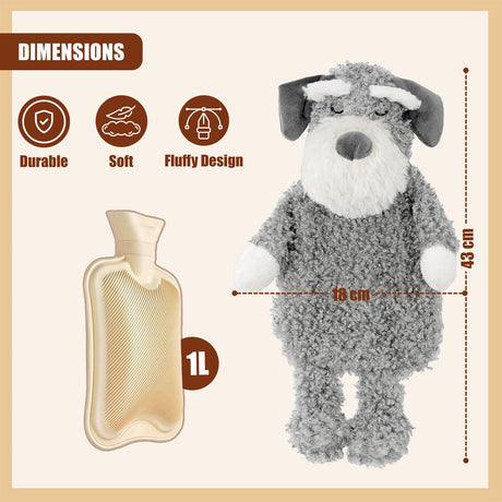 Hot Water Bottle With Plush Fluffy Cover 1L (Grey) by GEEZY - UKBuyZone