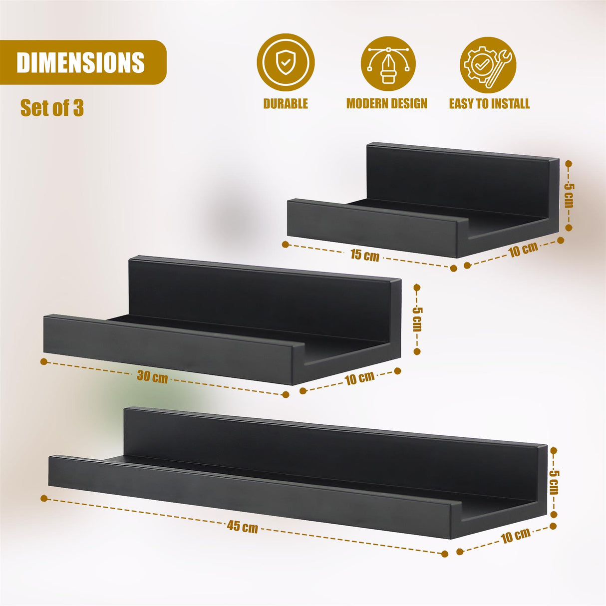 Wall Book Hanging Black Shelf Set of 3