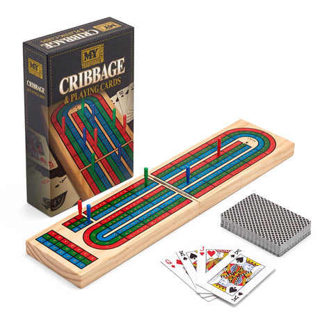 A wooden folding cribbage board game set with a box, scoring pegs and playing cards on a white background