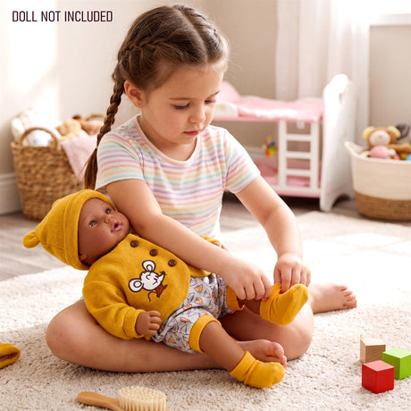 Doll wearing a yellow mouse outfit is visible next to a girl sitting on the floor.