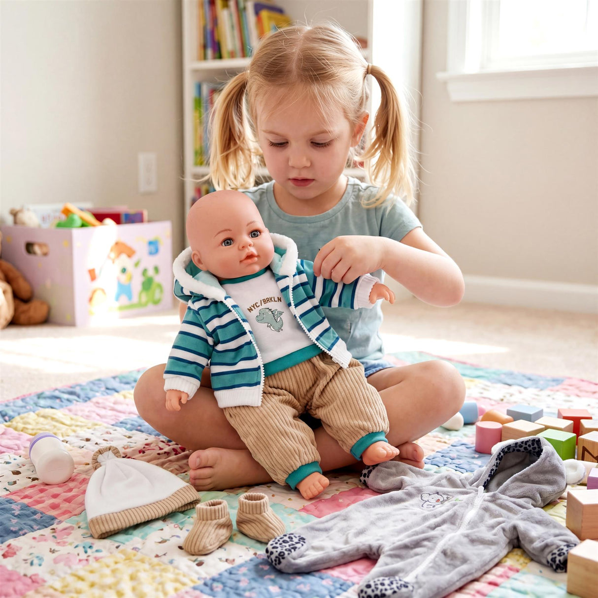 The image displays several doll outfits, including striped jackets, pants, and gray bodysuits.