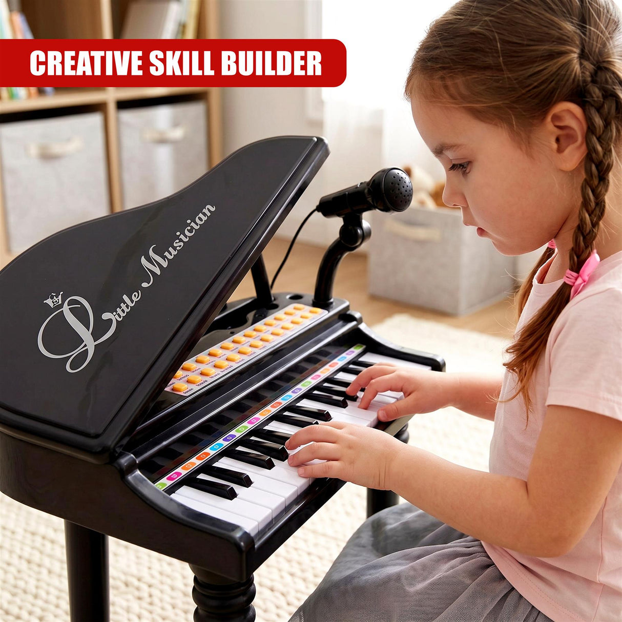 Black Electronic Piano With Microphone and Stool