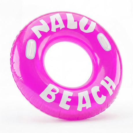 Bright pink inflatable ring with white lettering reading "NALUO BEACH."