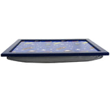 A rectangular, flat play mat with a blue background and a fun, cartoon-style design featuring various space-themed objects, including stars, planets, and a spaceship. The mat has a sturdy, foldable design with a built-in storage compartment and a carry handle, making it easy to transport and use. The mat is designed for children to play and learn, with a focus on developing their skills and interests. - UKBuyZone