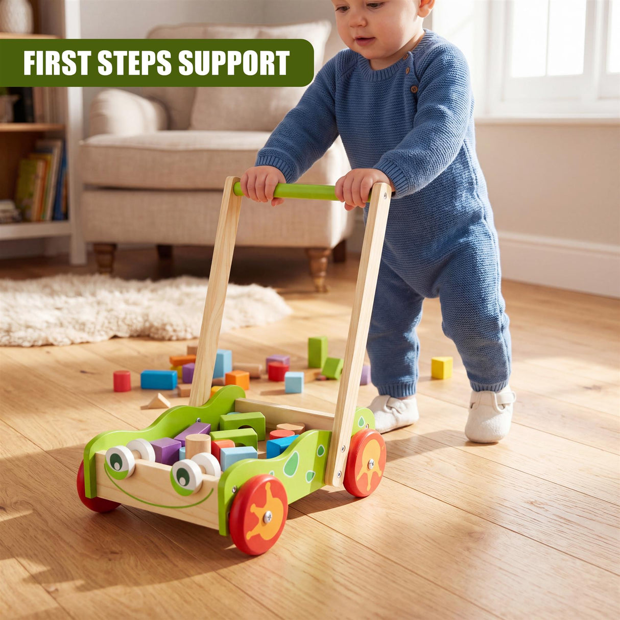 Wooden baby walker with wheels and scattered colored wooden blocks near a standing toddler.