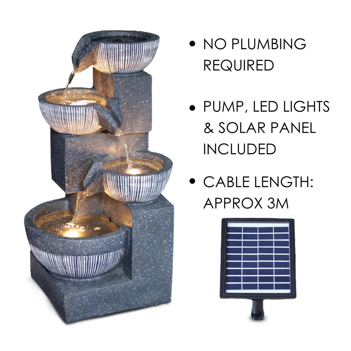 GEEZY 4 Tier Bowl Solar Water Feature Outdoor With LED