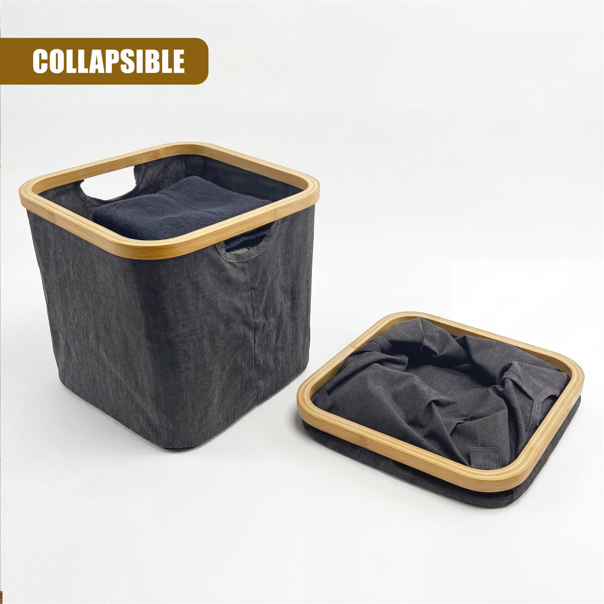 Gray fabric laundry hamper standing next to the rectangular, framed, folded unit.