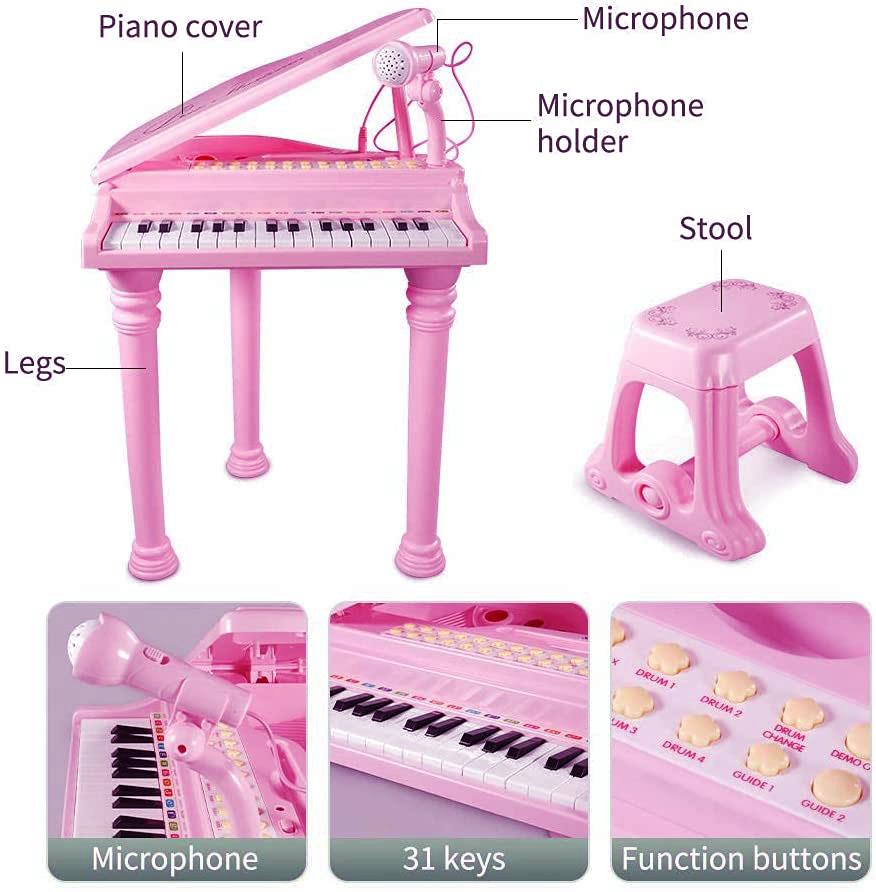 Pink Electronic Piano With Microphone and Stool by The Magic Toy Shop - UKBuyZone