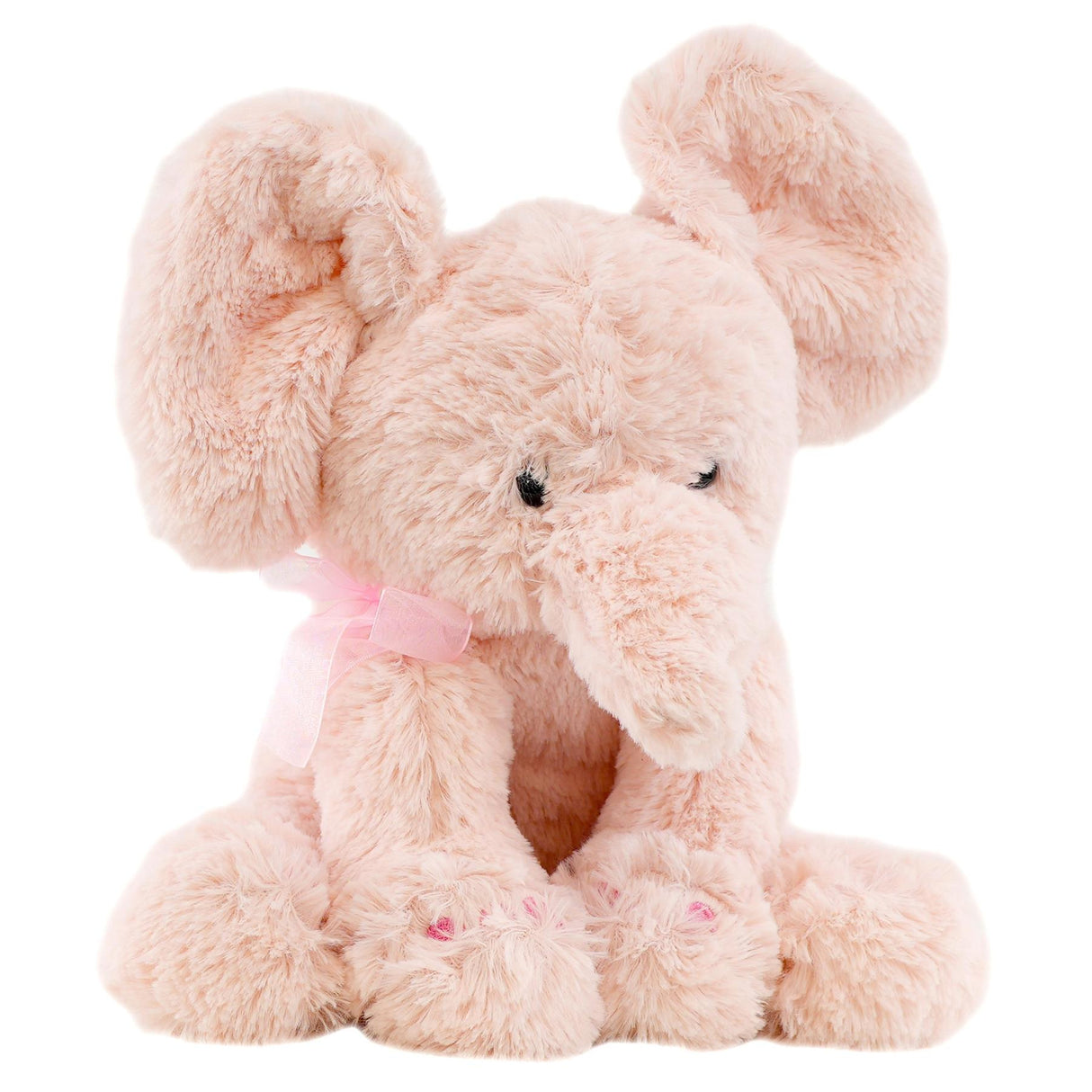 A plush toy elephant with a soft, pink fur and a pink bow around its neck, sitting on its knees with its trunk curled up. - UKBuyZone