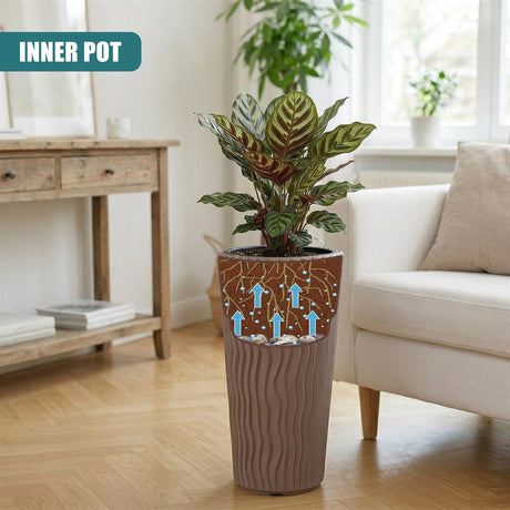 Tall, textured mocha brown pot featuring blue arrows, holding a potted green houseplant.