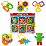 Assortment of colorful baby teethers and rattles featuring plastic rings, grasping shapes, and handles.