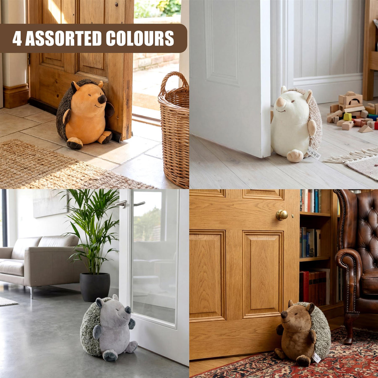 Assorted colorful hedgehog novelty door stoppers resting near various interior doorways and floors.