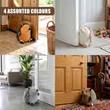 Assorted colorful hedgehog novelty door stoppers resting near various interior doorways and floors.