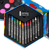 Open storage compartment shows multiple crayons, colored pencils, and a designated eraser.