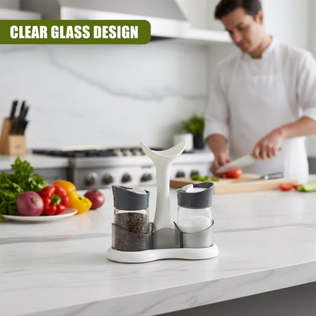 Clear glass cruet set holding salt, pepper, and a scoop on a matching white base.