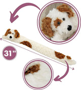 A novelty cream dog-shaped draught excluder designed for doors, measuring 31 inches in length. The excluder features a fluffy texture with brown patches and a cute dog head at one end, shown in a flat position. Close-up images highlight the dog’s face and details on its back.