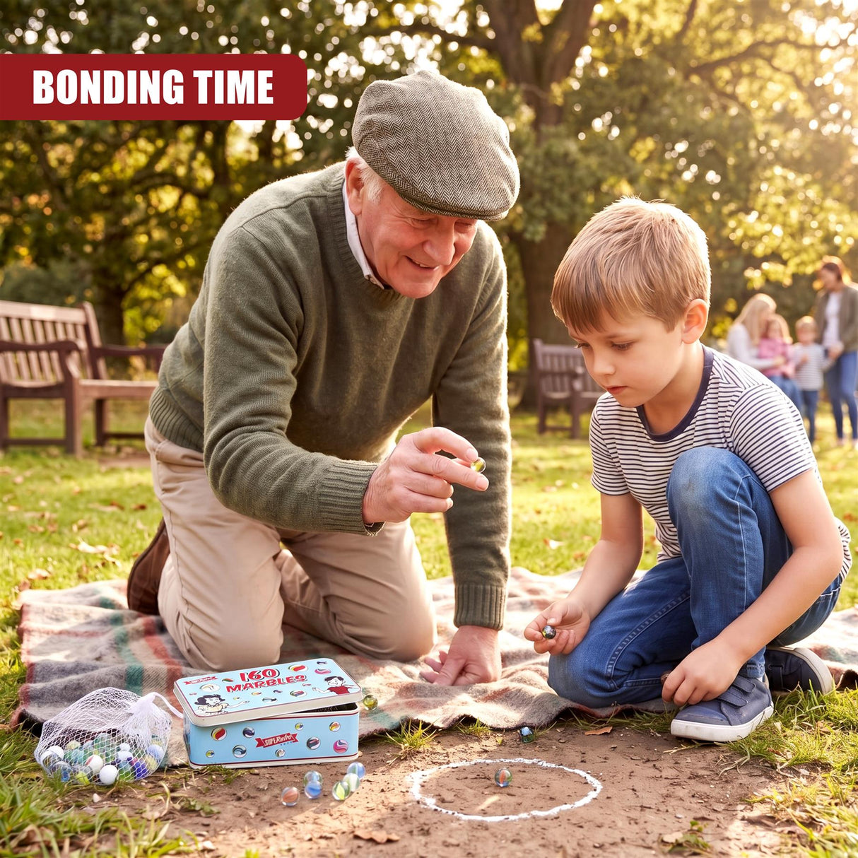 Older man and young boy kneeling outdoors near a blue and white tin box containing 160 marbles.