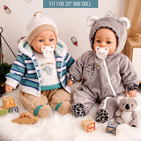 Dolls are shown wearing blue striped and grey koala outfits, alongside wooden alphabet props.