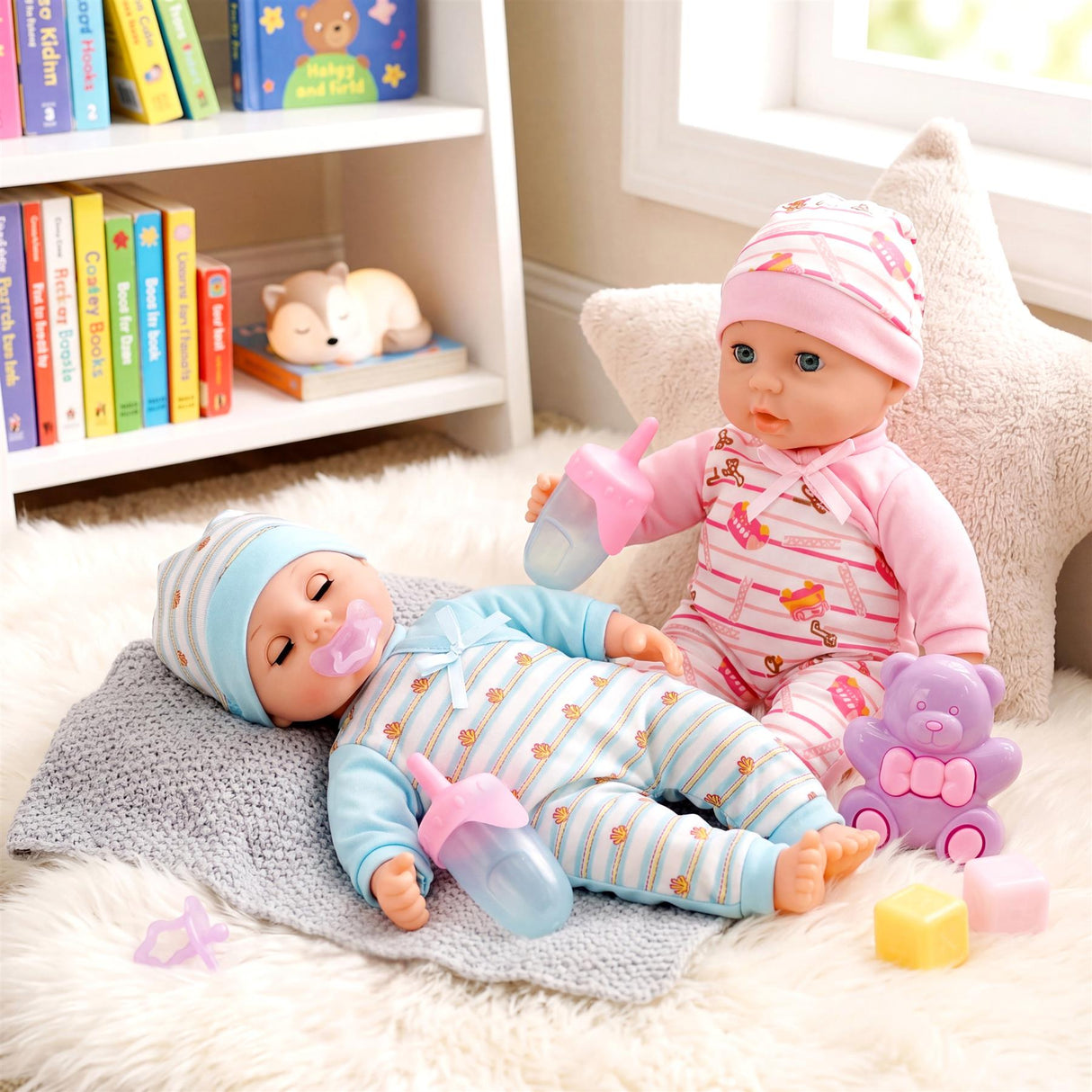 Two baby dolls dressed in pajamas, resting on a gray cloth with bottles and toys.
