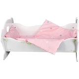 White wooden high chair with pink cushion, white cradle in background. - UKBuyZone