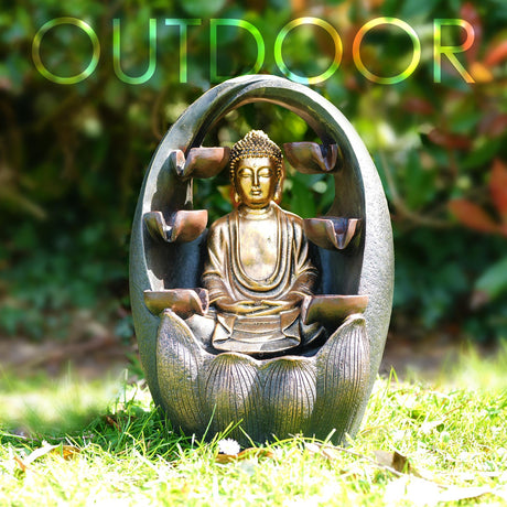 GEEZY Golden Buddha Solar Water Feature Outdoor With LED