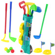 Playset includes multiple colorful plastic golf clubs, a numbered storage unit, and small plastic flags.