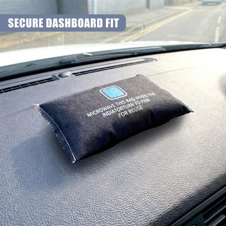 Black cushion bag with text instructing users to microwave the bag for reinflation.